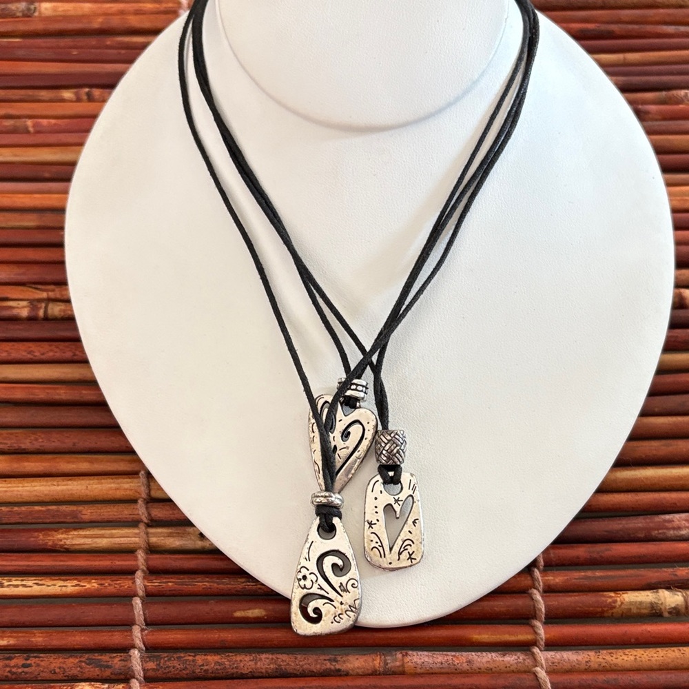Brighton Silver and Black Triple Strand Heart Pendant Necklace 16”-18”